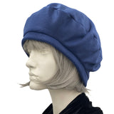Cute Beret For Women Handmade in fleece fabric in the USA modeled on a hat mannequin, navy option