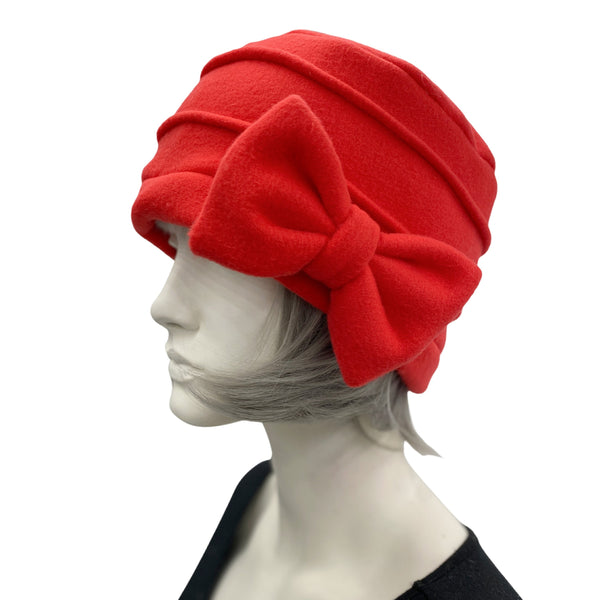 Fleece Hat for Women in Bright Red or Choose your Color, Cloche Hat Woman with Bow, Gift For Best Friend Female, Handmade in the USA