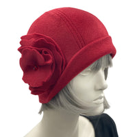 1920s Cloche Hats, Fleece Hat in Cherry with Large Flower Brooch, Satin Lined Winter Hat, Handmade in USA, Best Friend Birthday Gifts