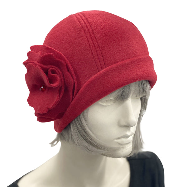 1920s Cloche Hats, Fleece Hat in Cherry with Large Flower Brooch, Satin Lined Winter Hat, Handmade in USA, Best Friend Birthday Gifts
