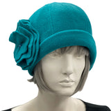 1920s Cloche Hats, Fleece Hat in Teal with Large Flower Brooch, Satin Lined Winter Hat, Handmade in USA, Best Friend Birthday Gifts