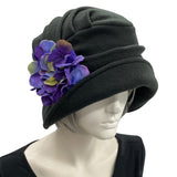 Twenties Style Black Polar Fleece Hat with Purple Hydrangea Flowers | The Alice modeled on a hat mannequin front side view