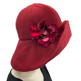 Winter Hat Women, Burgundy Wide Brim Hat, Polar Fleece Cloche Hat with Hydrangea Brooch, Handmade in the USA