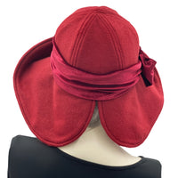 Wide Brim Hat in Burgundy Fleece with Velvet Bow, Handmade Millinery, Winter Hat Women