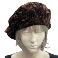 Beret Hat in Brown Textured Velvet front view modeled on hat mannequin