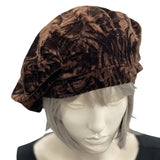 Beret Hat in Brown Textured Velvet top front view modeled on hat mannequin