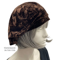 Beret Hat in Brown Textured Velvet side view modeled on hat mannequin