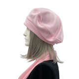 Cute Beret For Women Handmade in fleece fabric in the USA modeled on a hat mannequin pink option