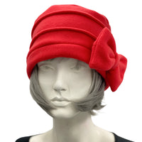 Fleece Hat for Women in Bright Red or Choose your Color, Cloche Hat Woman with Bow, Gift For Best Friend Female, Handmade in the USA