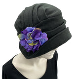 Twenties Style Black Polar Fleece Hat with Purple Hydrangea Flowers | The Alice modeled on a hat mannequin side top view