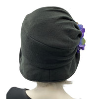 Twenties Style Black Polar Fleece Hat with Purple Hydrangea Flowers | The Alice modeled on a hat mannequin rear view