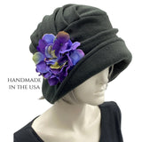 Twenties Style Black Polar Fleece Hat with Purple Hydrangea Flowers | The Alice modeled on a hat mannequin side view