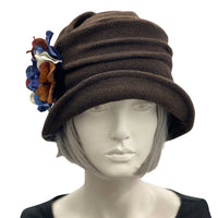 Cloche Hat Women, Brown Wool Fabric Winter Hat with Hydrangea Flower Brooch, Ready to Ship Size Large, Handmade Christmas