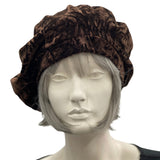 Beret Hat in Brown Textured Velvet front view modeled on hat mannequin
