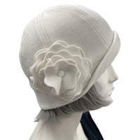 Cloche Hat Women, Fleece Hat in Winter White with Large Flower Brooch, Satin Lined Winter Hat, Handmade in USA, Best Friend Christmas Gifts