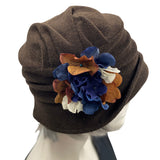 Cloche Hat Women, Brown Wool Fabric Winter Hat with Hydrangea Flower Brooch, Ready to Ship Size Large, Handmade Christmas