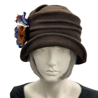 Cloche Hat Women, Brown Wool Fabric Winter Hat with Hydrangea Flower Brooch, Ready to Ship Size Large, Handmade Christmas