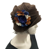 Cloche Hat Women, Brown Wool Fabric Winter Hat with Hydrangea Flower Brooch, Ready to Ship Size Large, Handmade Christmas
