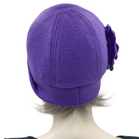 1930s Cloche Hat for Women modeled on a hat mannequin. Handmade in warm Fleece Hat. Purple with Large Flower Brooch, Satin Lined Winter Hat, Handmade in USA Boston Millinery. Rear view 