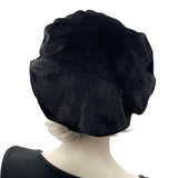 Black Velvet Beret with Satin Lining, modeled on a mannequin head rear view handmade by Boston Millinery 