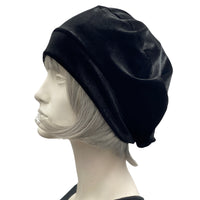 Black Velvet Beret with Satin Lining, modeled on a mannequin head side view handmade by Boston Millinery 