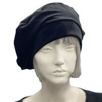 Black Velvet Beret with Satin Lining, modeled on a mannequin head front view handmade by Boston Millinery 