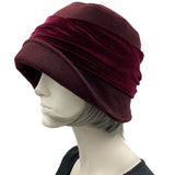 Cloche Hat the Eleanor narrow front brim dark burgundy eggplant wool with velvet band and square bow handmade by Boston Millinery  modeled on a hat stand side view 