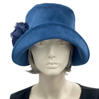1920s Cloche Hat, Velvet Hat with Satin and Chiffon Flower Brooches,  Handmade in the USA, Birthday Gift for Mom, Blue or Choose Your Color
