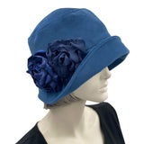 1920s Cloche Hat, Velvet Hat with Satin and Chiffon Flower Brooches,  Handmade in the USA, Birthday Gift for Mom, Blue or Choose Your Color