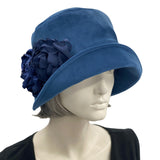 1920s Cloche Hat, Velvet Hat with Satin and Chiffon Flower Brooches,  Handmade in the USA, Birthday Gift for Mom, Blue or Choose Your Color