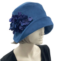 1920s Cloche Hat, Blue Velvet Hat with Hydrangea Flower Brooch, Handmade in the USA, Elegant Formal Headwear modeled on hat mannequin, side view 