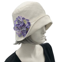 1920s Cloche Hat, Summer Hats Women in Cream Linen with Magenta Hydrangea Flower Removable Brooch, More Colors, Handmade USA