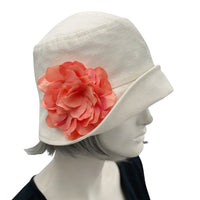 Summer Hats Women, 1920s Cloche Hat in Cream Linen with Aqua Hydrangea Flower Removable Brooch, More Colors, Handmade USA