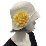 Summer Hats Women, 1920s Cloche Hat in Cream Linen with Aqua Hydrangea Flower Removable Brooch, More Colors, Handmade USA