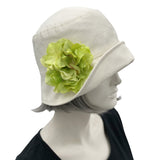 1920s Cloche Hat, Summer Hats Women in Cream Linen with Magenta Hydrangea Flower Removable Brooch, More Colors, Handmade USA