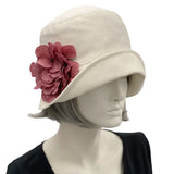 1920s Cloche Hat, Summer Hats Women in Cream Linen with Magenta Hydrangea Flower Removable Brooch, More Colors, Handmade USA