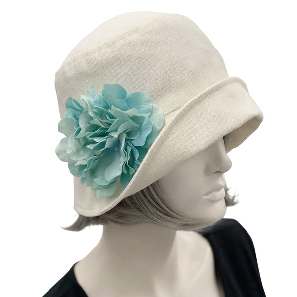 Summer Hats Women, 1920s Cloche Hat in Cream Linen with Aqua Hydrangea Flower Removable Brooch, More Colors, Handmade USA