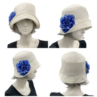 Boston Millinery's handmade Eleanor narrow brim cream linen cloche hat with blue hydrangea brooch four view collage modeled on a hat mannequin 