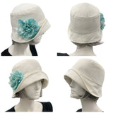 Boston Millinery's handmade Eleanor narrow brim cream linen cloche hat with aqua hydrangea brooch four view collage modeled on a hat mannequin 