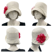 Boston Millinery's handmade Eleanor narrow brim cream linen cloche hat with magenta pink hydrangea brooch four view collage modeled on a hat mannequin 