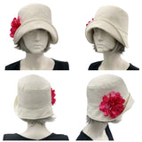 1930s Hat, Cream Linen Cloche Hat with Blue Hydrangea Brooch, Summer Hats Women, Handmade in the USA