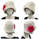 Boston Millinery's handmade Eleanor narrow brim cream linen cloche hat with magenta pink hydrangea brooch four view collage modeled on a hat mannequin 