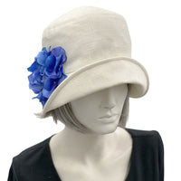 1930s Hat, Cream Linen Cloche Hat with Blue Hydrangea Brooch, Summer Hats Women, Handmade in the USA