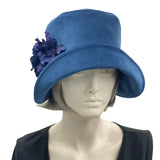 1920s Cloche Hat, Blue Velvet Hat with Hydrangea Flower Brooch, Handmade in the USA, Elegant Formal Headwearmodeled on hat mannequin, front view 