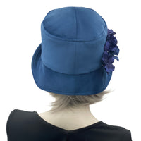 1920s Cloche Hat, Blue Velvet Hat with Hydrangea Flower Brooch, Handmade in the USA, Elegant Formal Headwear.modeled on hat mannequin, rear view 