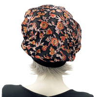 Beret Women, Black and Orange Floral Velvet, Satin Lined Hat, Chemo Headwear