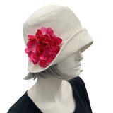 Summer Hats Women, 1920s Cloche Hat in Cream Linen with Aqua Hydrangea Flower Removable Brooch, More Colors, Handmade USA