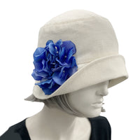 1920s Cloche Hat, Summer Hats Women in Cream Linen with Magenta Hydrangea Flower Removable Brooch, More Colors, Handmade USA