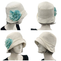 Summer Hats Women, 1920s Cloche Hat in Cream Linen with Aqua Hydrangea Flower Removable Brooch, More Colors, Handmade USA