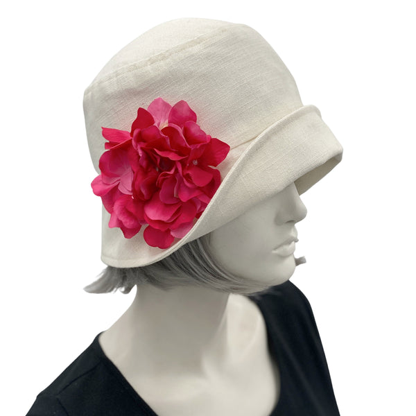 1920s Cloche Hat, Summer Hats Women in Cream Linen with Magenta Hydrangea Flower Removable Brooch, More Colors, Handmade USA
